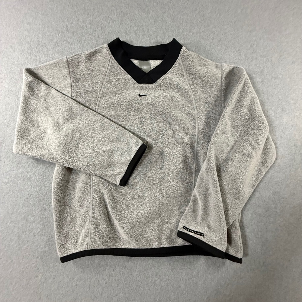 Vintage Y2K Nike Therma-FIT Fleece Pullover V-Neck Grey Black Womens Medium